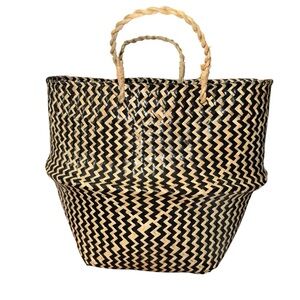 Handwoven Black & Natural Zigzag Basket Tote – 13” x 38” w/ 12” Handles